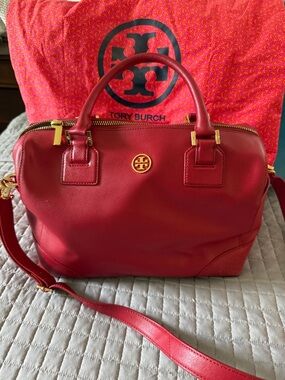 Tory Burch Robinson Red Leather Satchel with Gold Hardware.